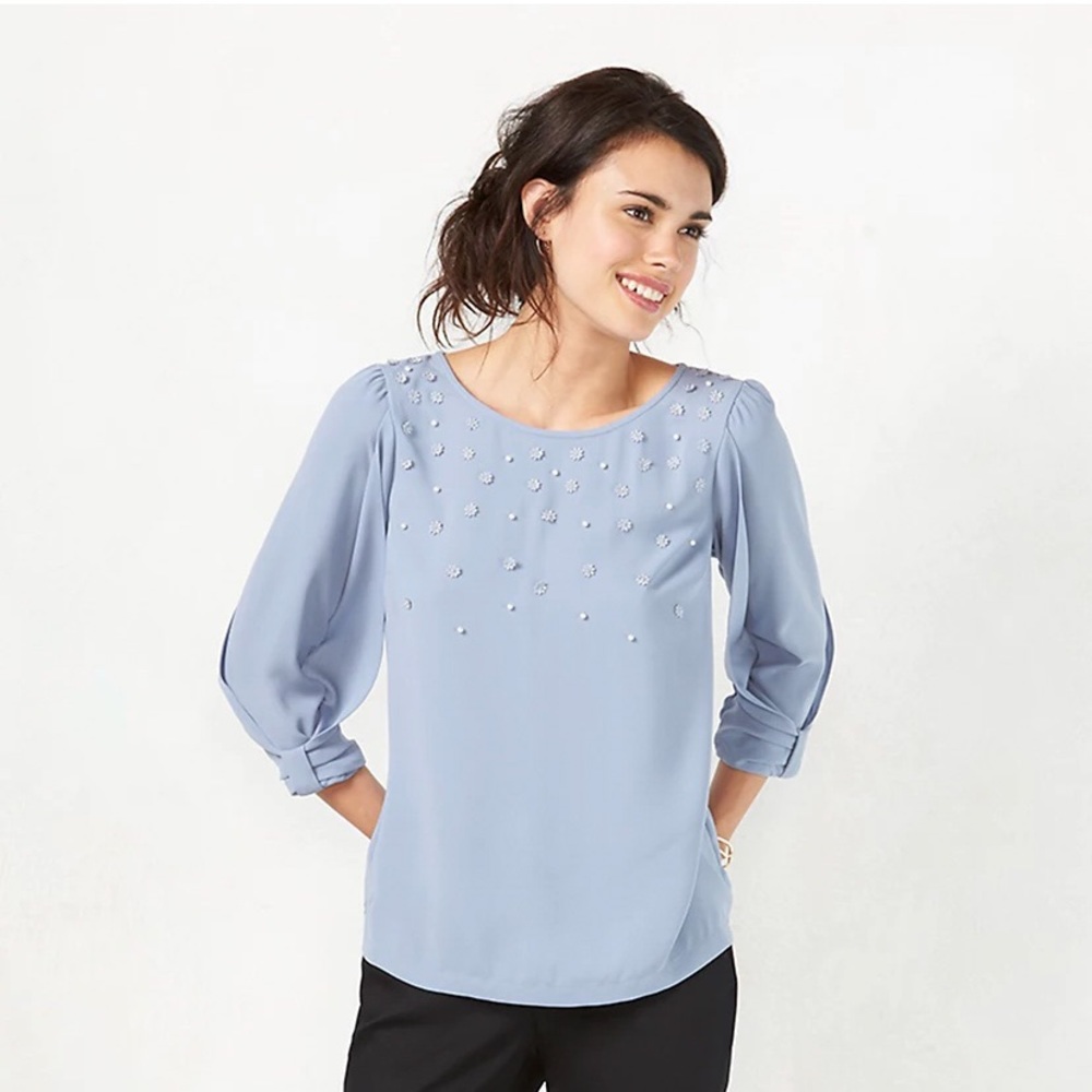 LC Lauren Conrad Pearl and Flower Embellished Blouse with Bow Detail Sleeves